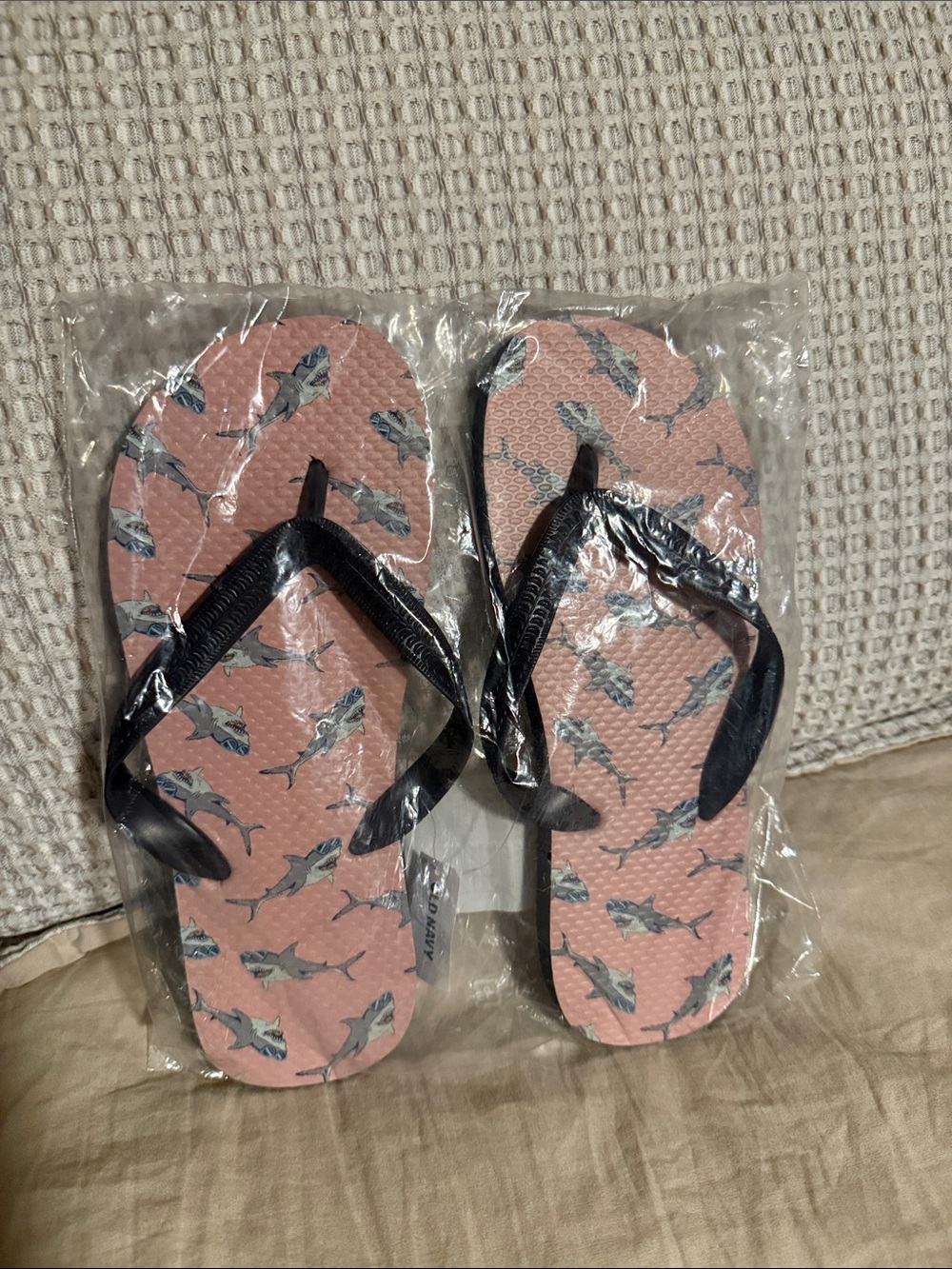 Old Navy Pink Shark-Print Flip Flops with Blue Straps